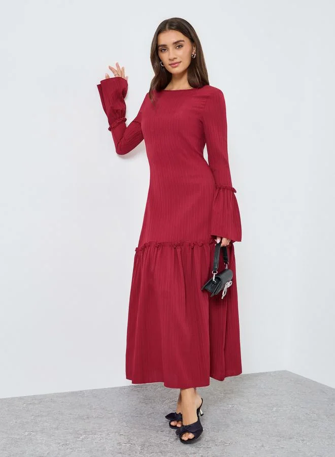Styli Women Burgundy Textured A-Line Midi Dress